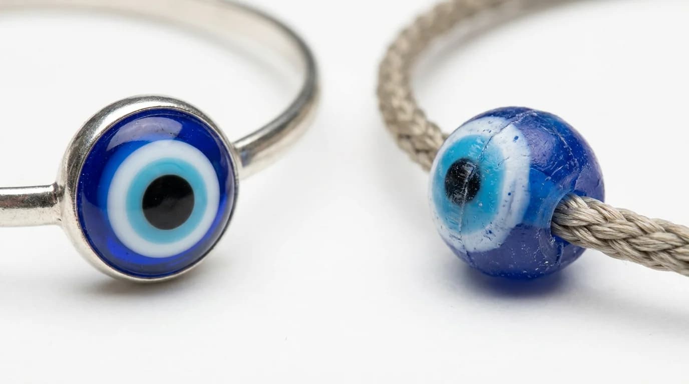 Side-by-side comparison of quality glass evil eye charm with clear concentric rings versus blurry cheap glass bead