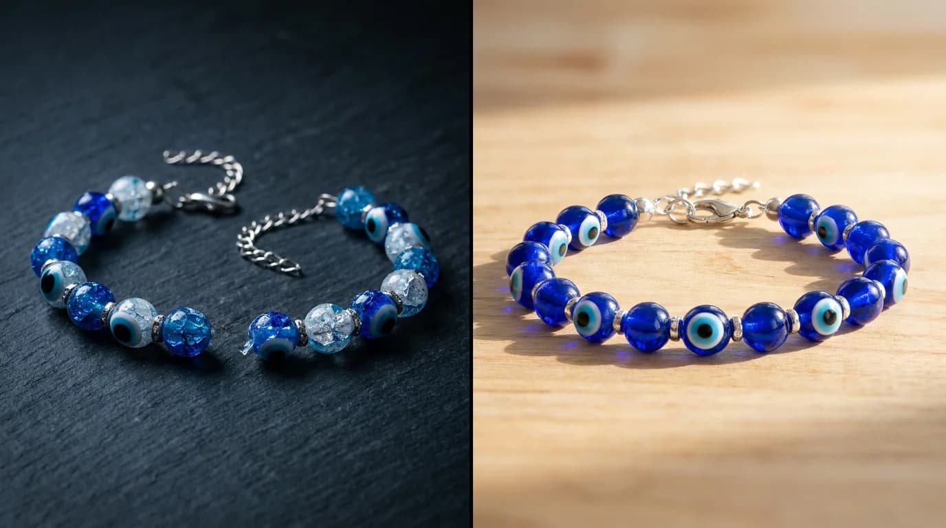 Cracked blue glass evil eye bracelet charm shown alongside a new replacement nazar kavach bracelet