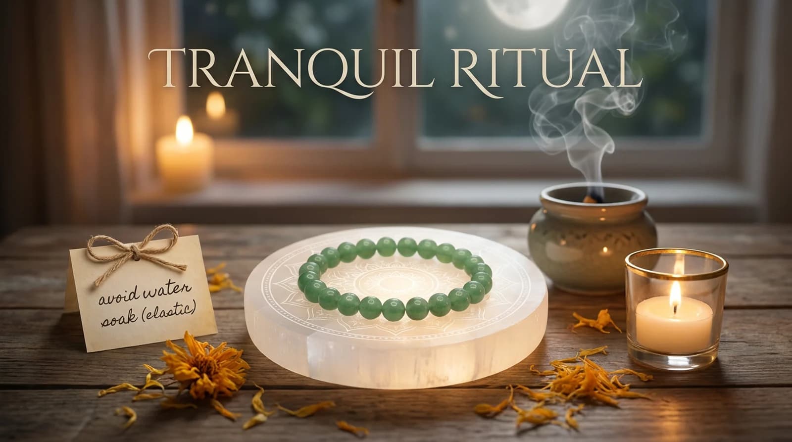 Certified green aventurine bracelet being cleansed dry with sage smudge and a selenite stick on a wooden tray under moonlight