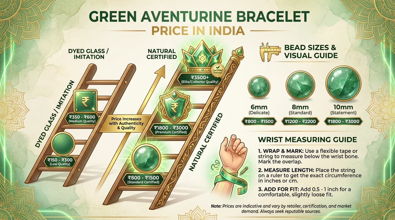 Certified natural green aventurine bracelet with 8mm shimmering beads photographed beside a Jaipur lab certificate