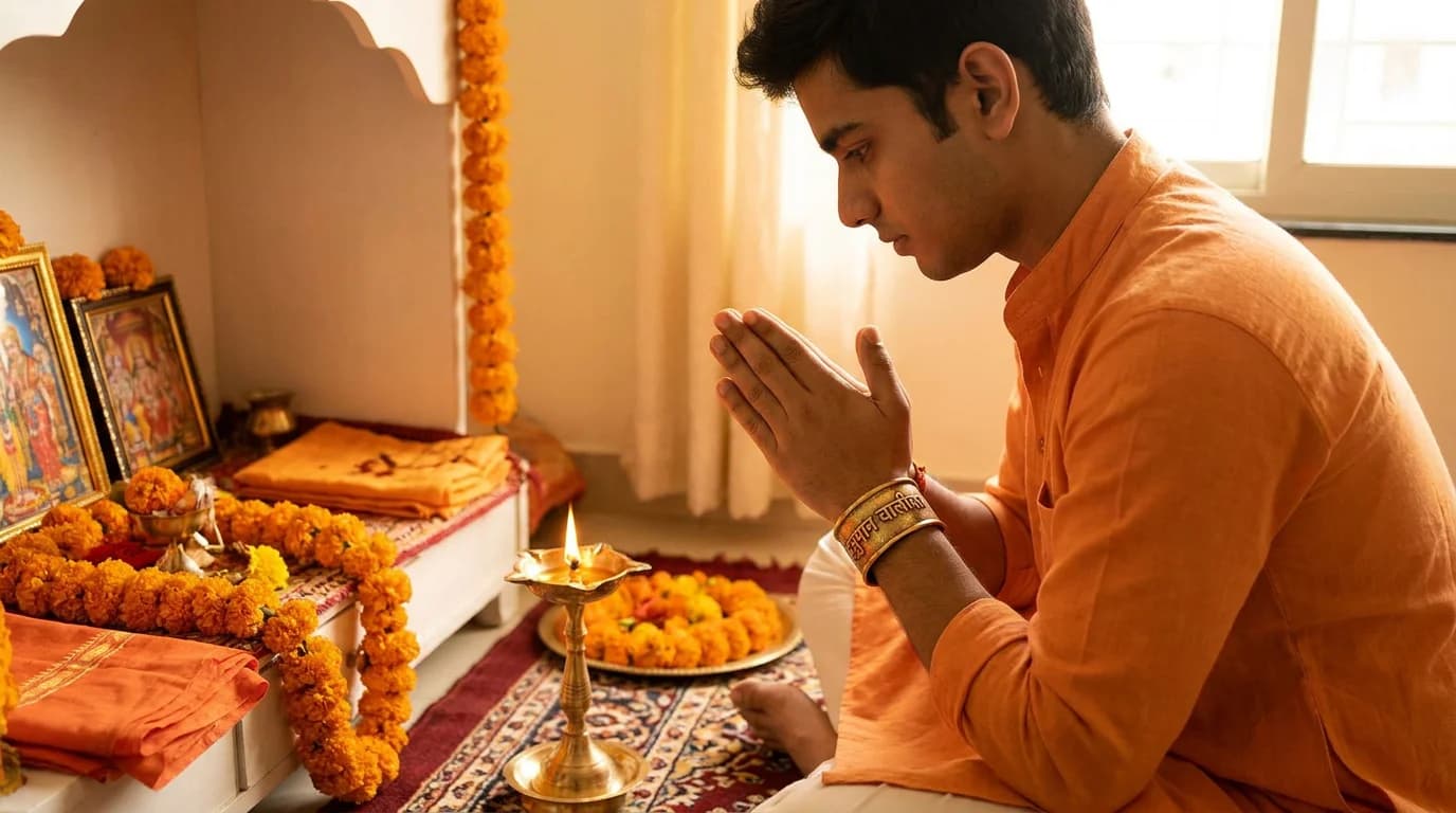 Close-up of Hanuman Chalisa Kada on right wrist, brass with engraved Hanuman Chalisa verses, orange flowers in background