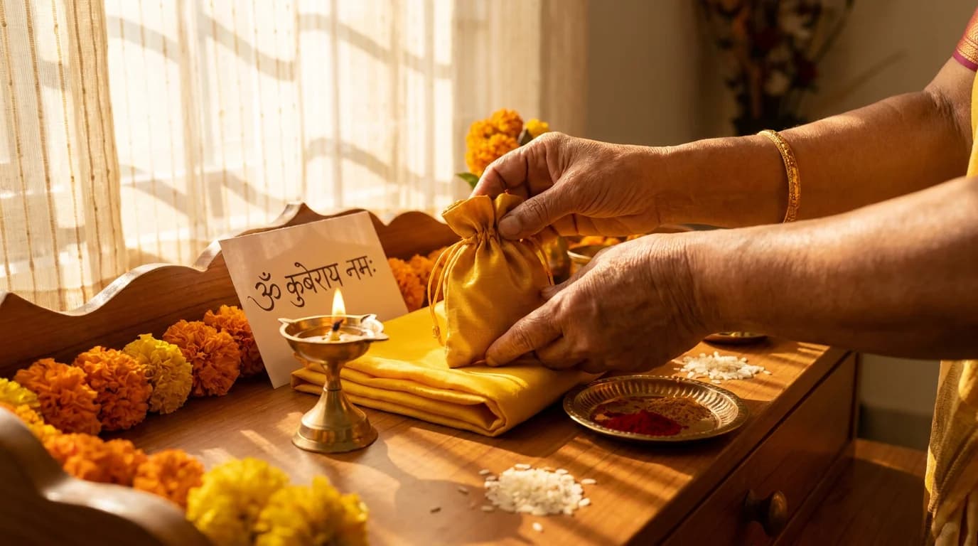 Hands holding a yellow silk Kuber Potli over a lit ghee diya during a Thursday puja, with incense smoke rising in the background
