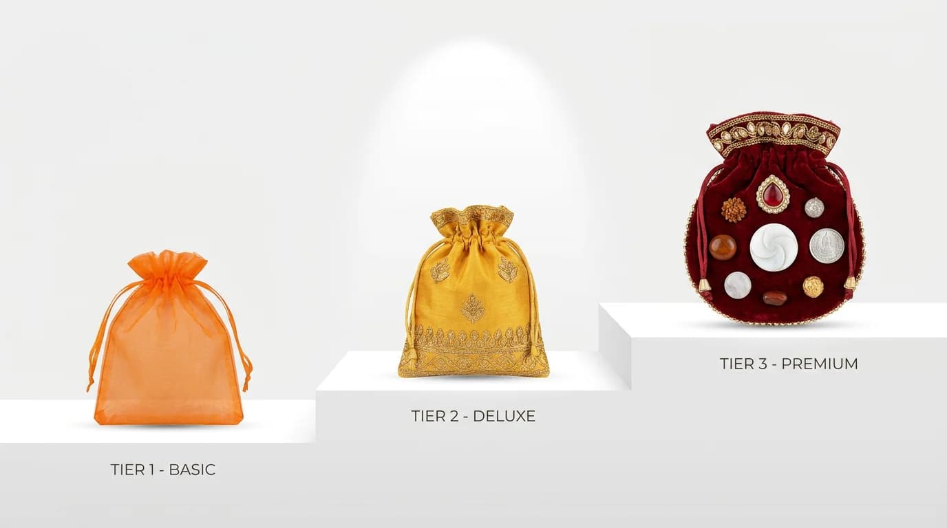 Four Kuber Potlis at different price points arranged side by side showing quality differences in fabric and packaging