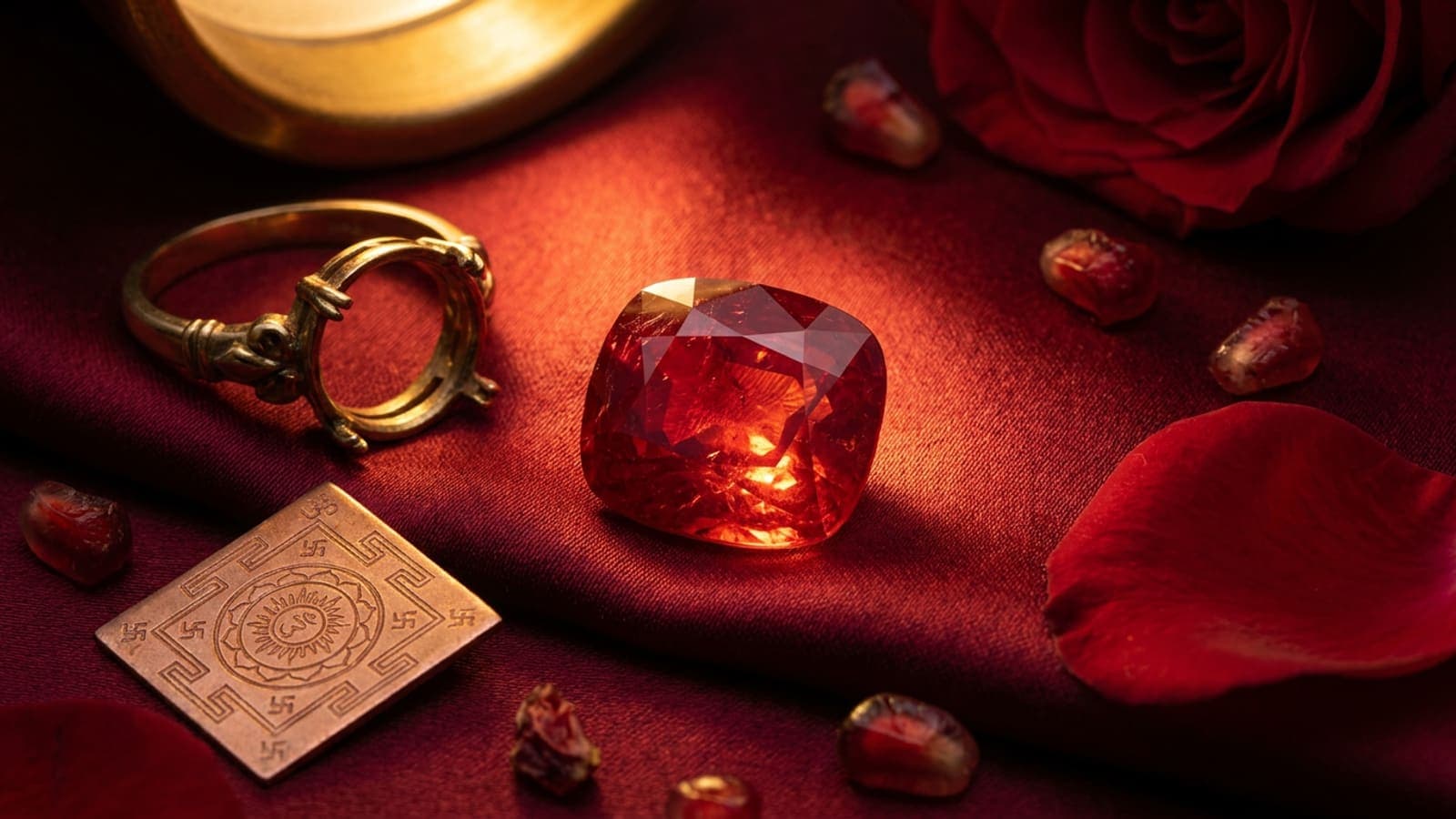 Deep red Burmese Mogok ruby manik gemstone beside a gold ring and Surya yantra on dark red silk