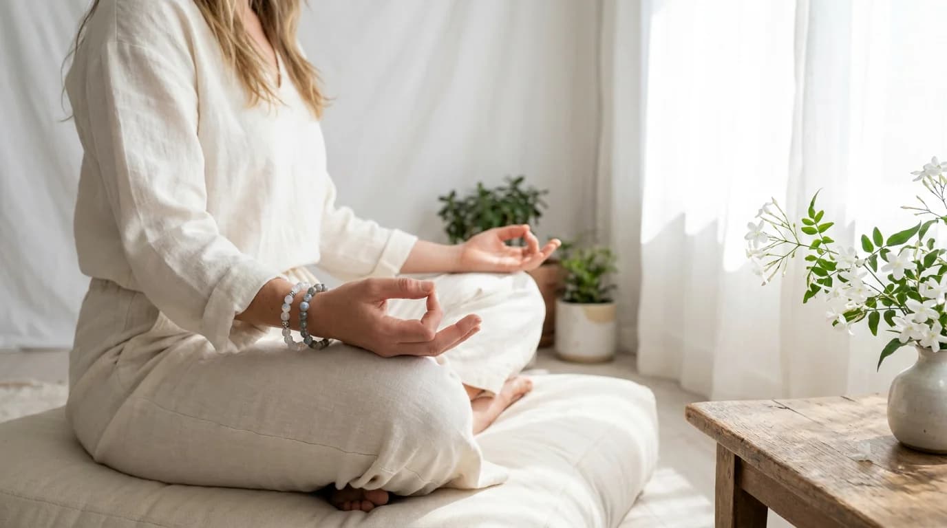 Woman in white meditation clothing with moonstone labradorite bracelet in soft morning light