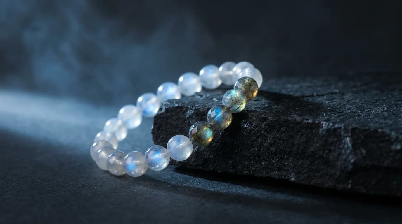 Natural moonstone and labradorite bead bracelet on dark stone surface showing blue adularescent sheen and rainbow labradorescence