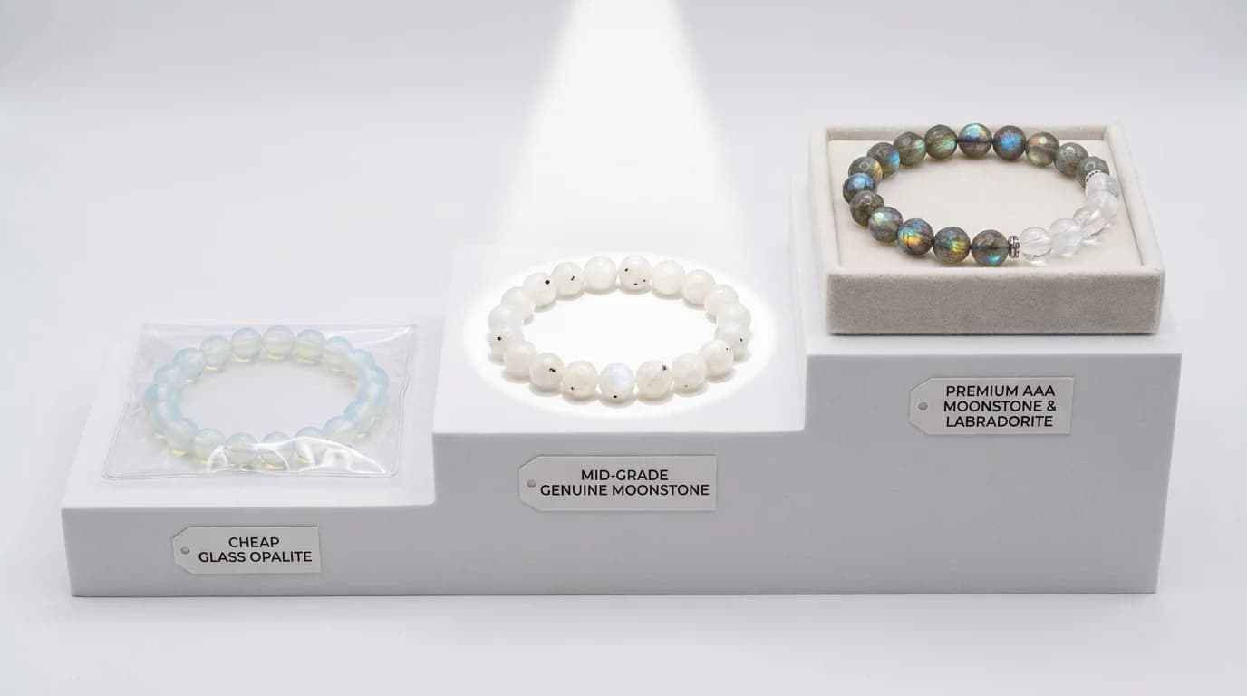Three tiers of crystal bracelets on white display: glass imitation left, mid-grade center, premium AAA dual stone right