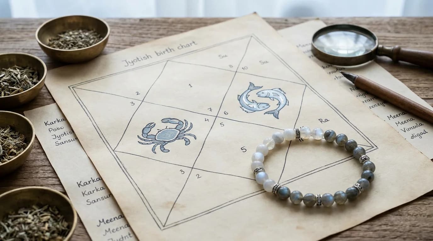 Vedic Jyotish kundali birth chart with Cancer and Pisces rashis highlighted, moonstone labradorite bracelet placed on chart