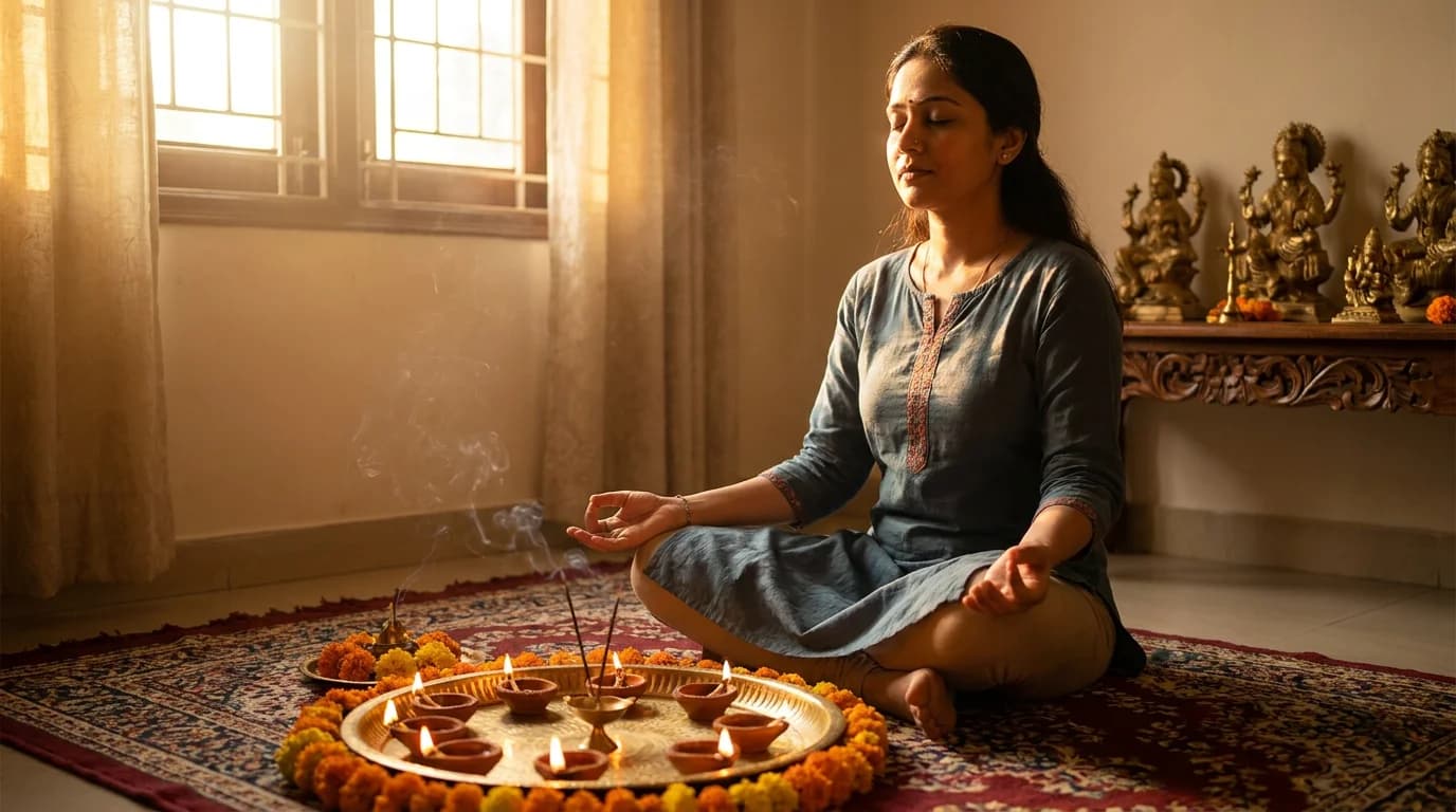 Nine Navagraha candles each labelled with planet name and colour on a puja altar
