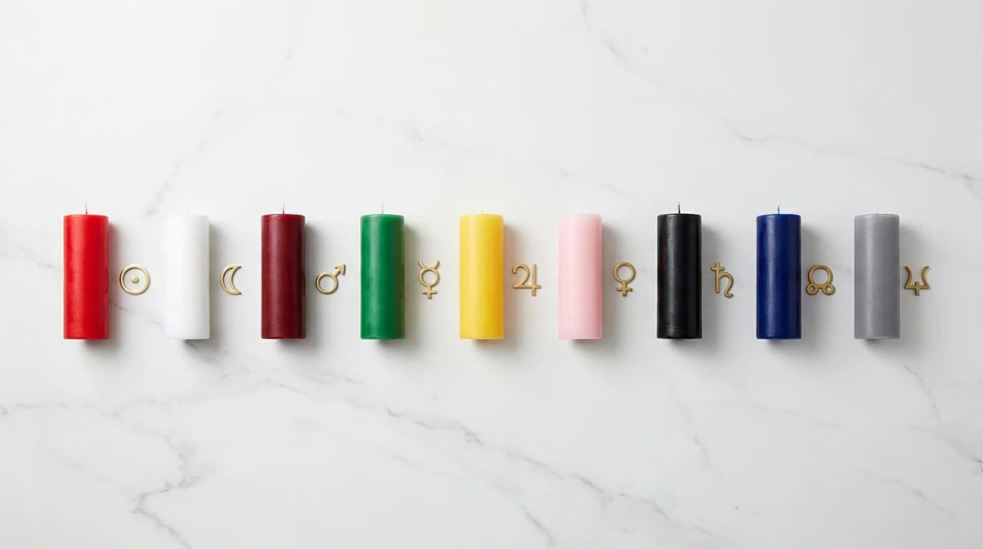 Close-up of nine colour-coded Navagraha candles showing red, white, dark red, green, yellow, pink, black, dark blue and grey