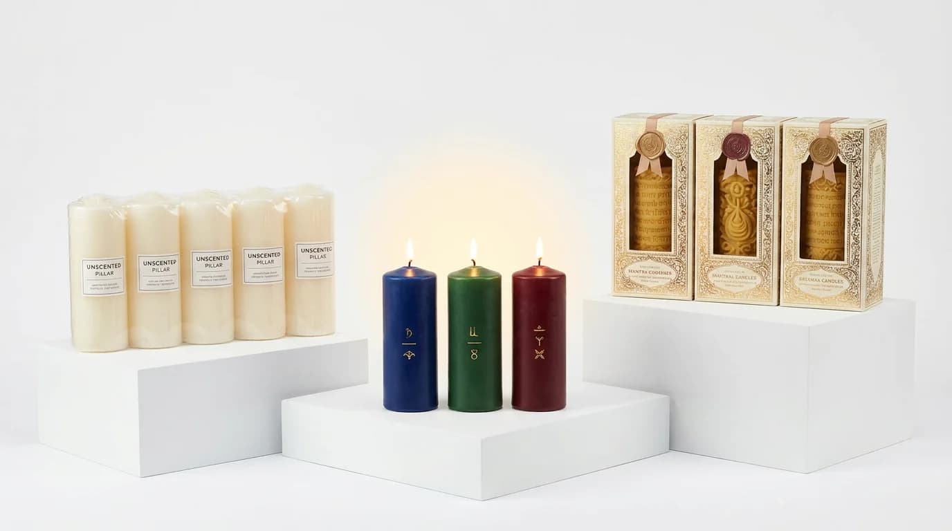 Three tiers of Navagraha candle sets displayed side by side showing budget, mid-range, and premium packaging