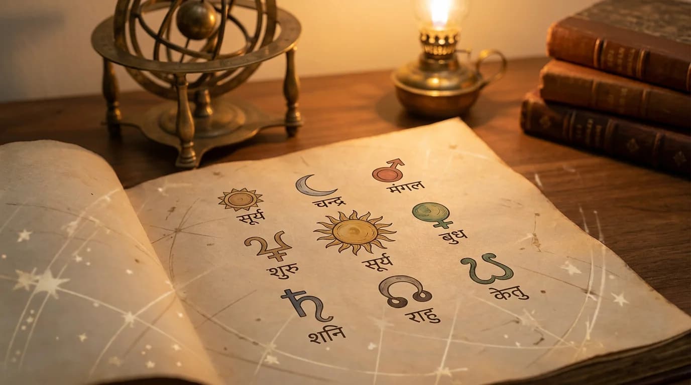 Person holding a Navagraha birth chart alongside the nine-candle set, deciding which planet to prioritise