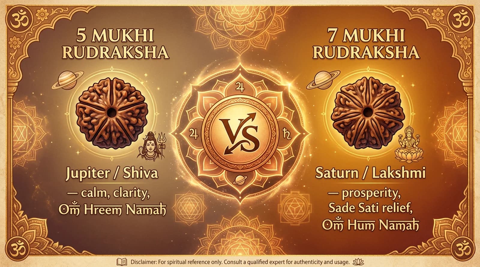 Certified Nepali rudraksha beads — a 5 mukhi (panchmukhi) and a 7 mukhi (saptamukhi) seed shown side by side