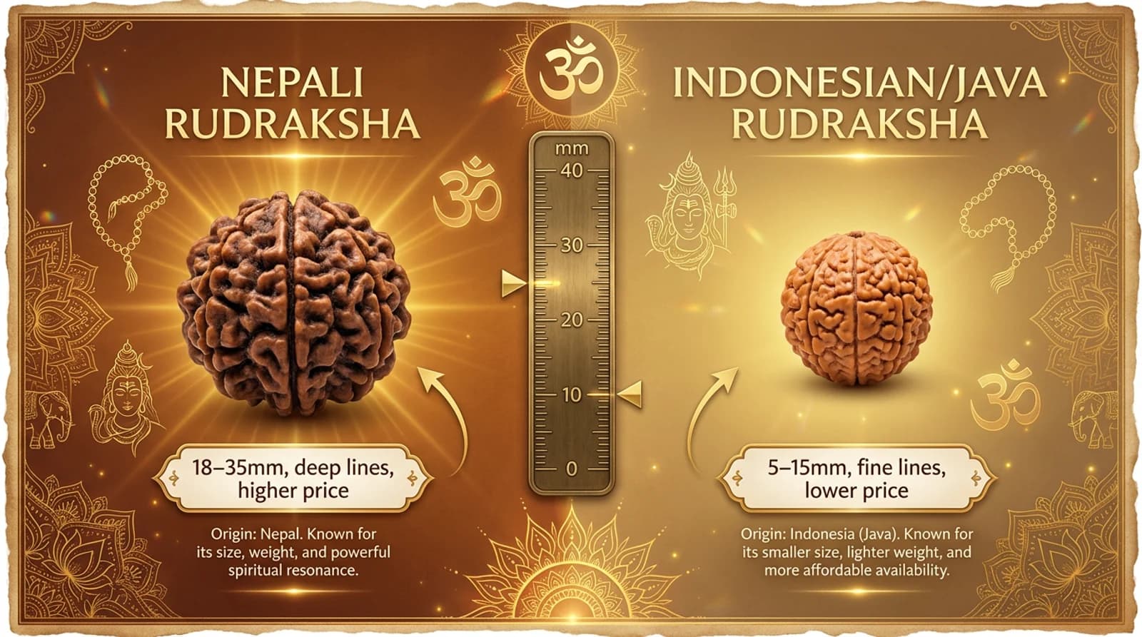 A large Nepali rudraksha bead beside a smaller Indonesian rudraksha bead, showing the difference in size and mukhi line depth