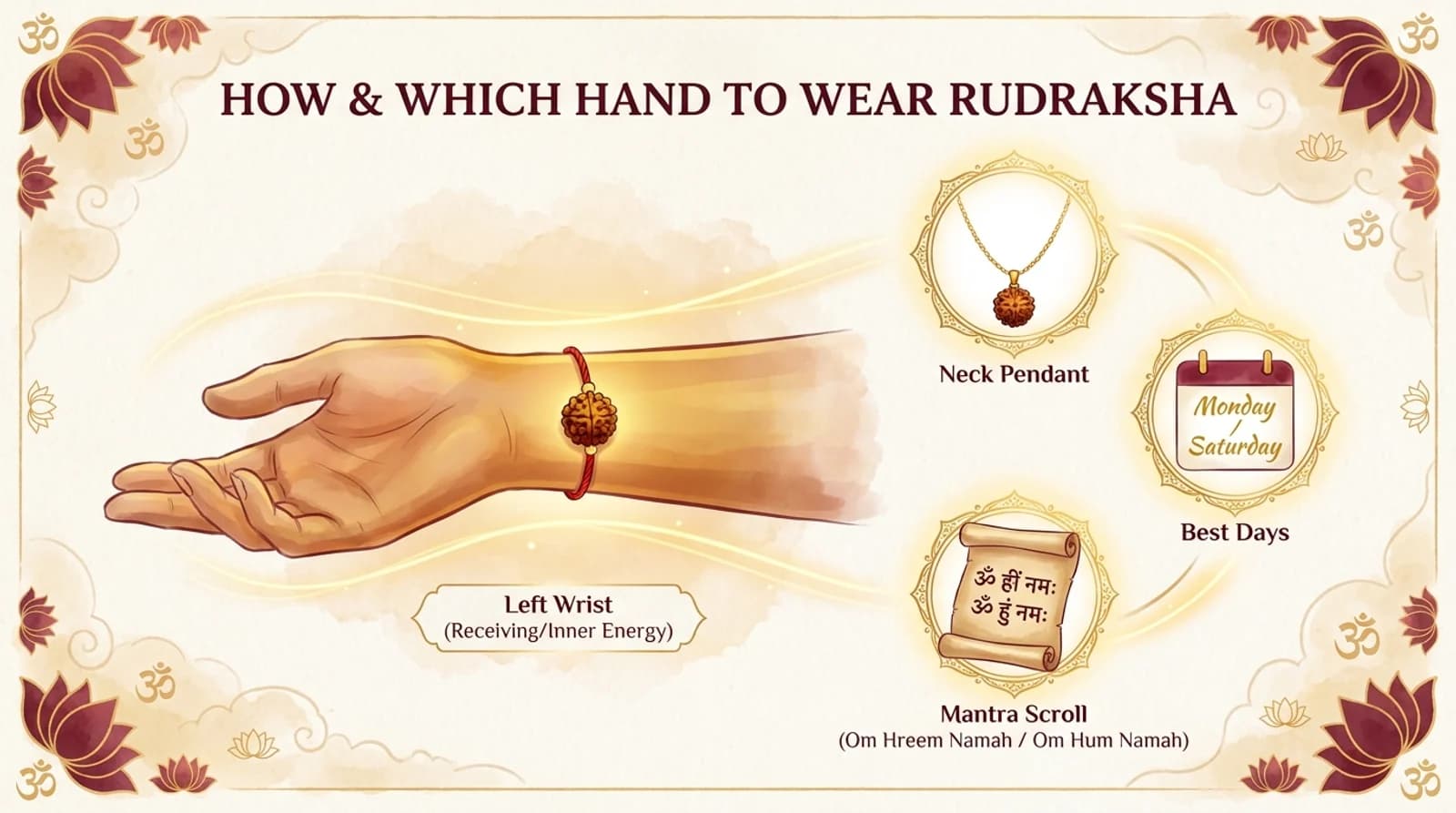 Single certified nepali rudraksha bead on a red thread resting on a wrist, showing how to wear it