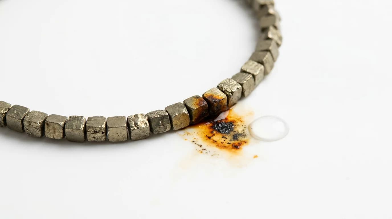 Pyrite anklet showing oxidation beside DivineTatva care guide card