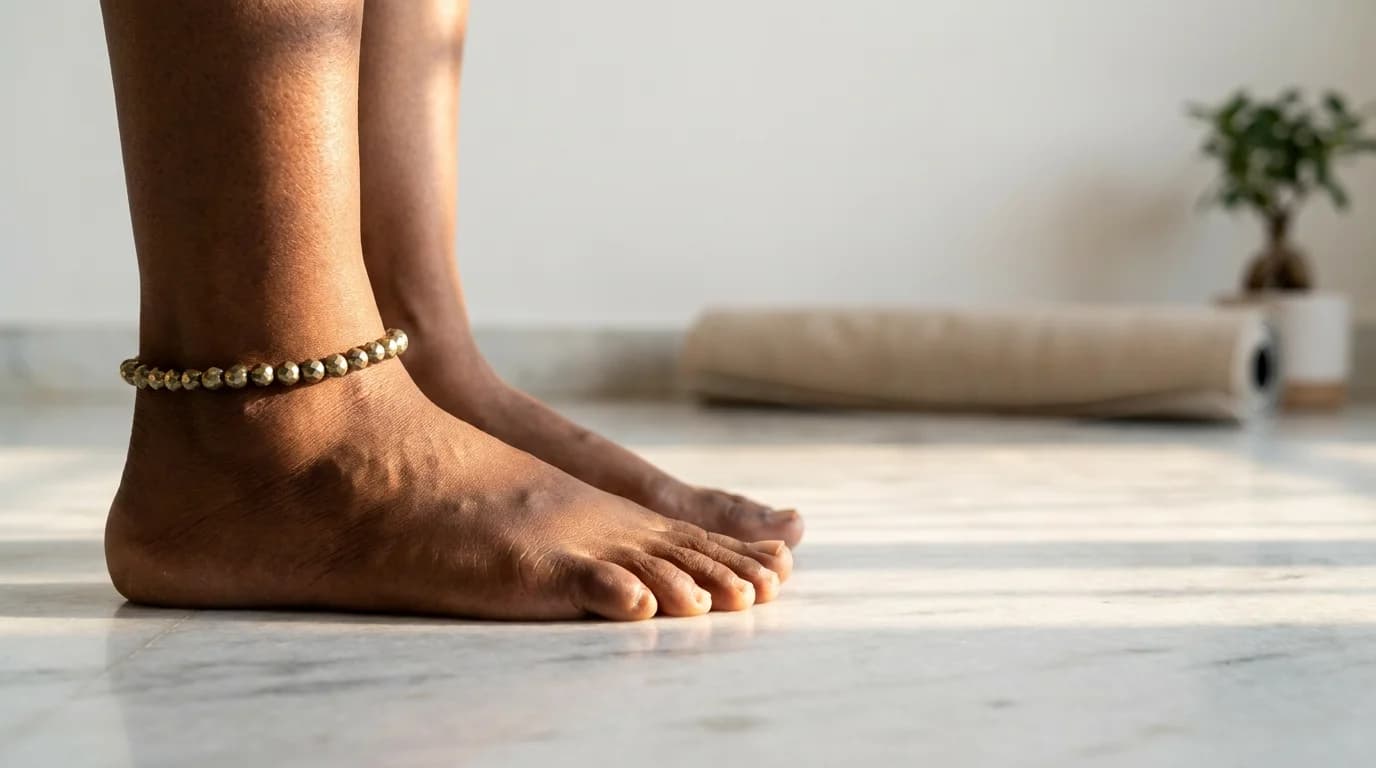 Pyrite anklet worn on left ankle showing traditional receiving-channel placement