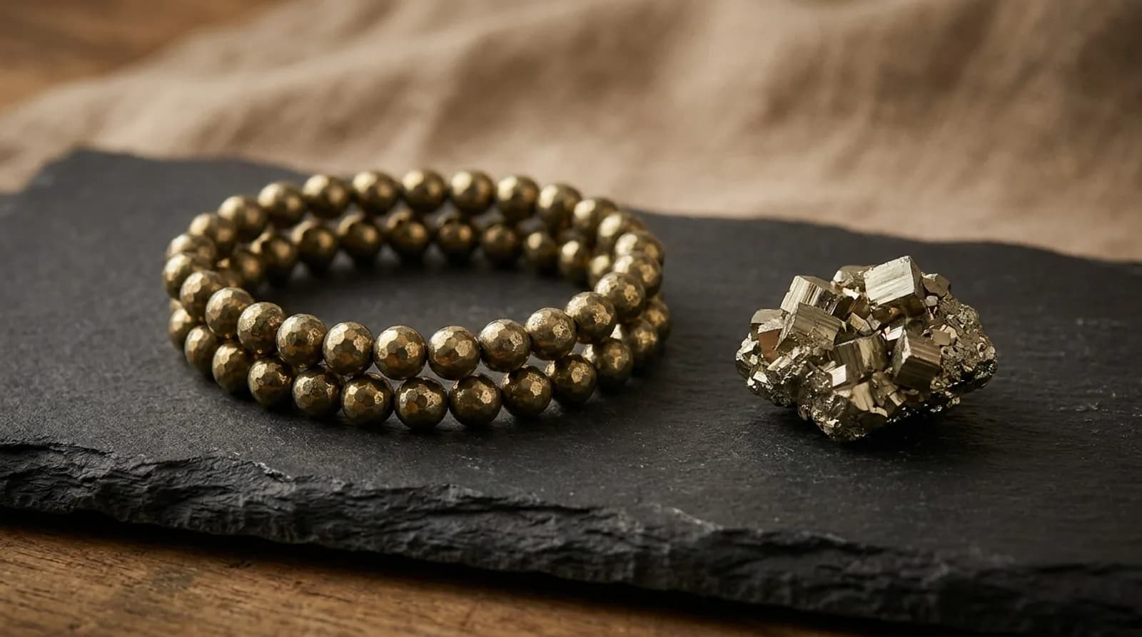 A natural pyrite bead bracelet with brassy metallic beads beside a raw pyrite cluster on dark slate