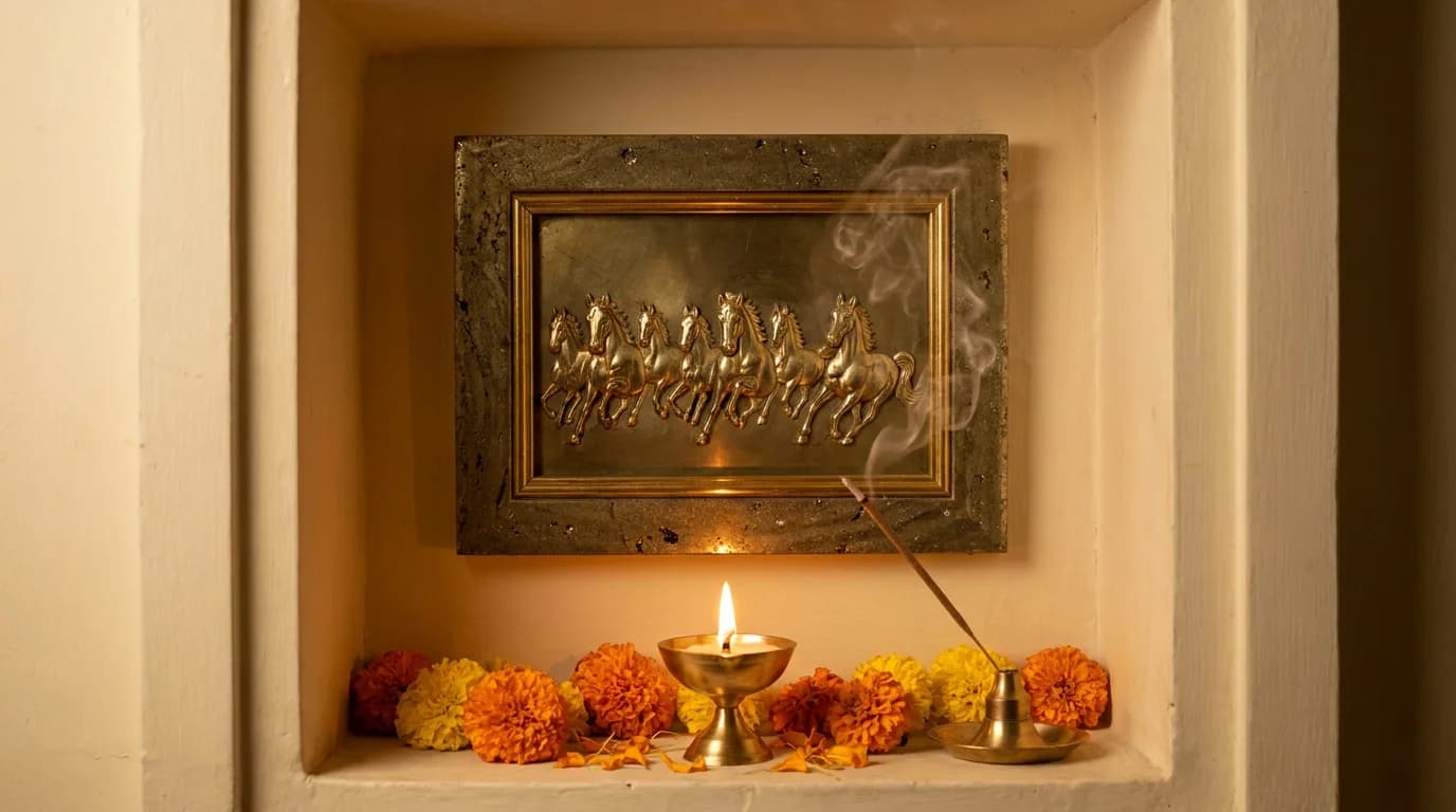 Pyrite Vastu frame on North wall with warm living room light showing metallic lustre