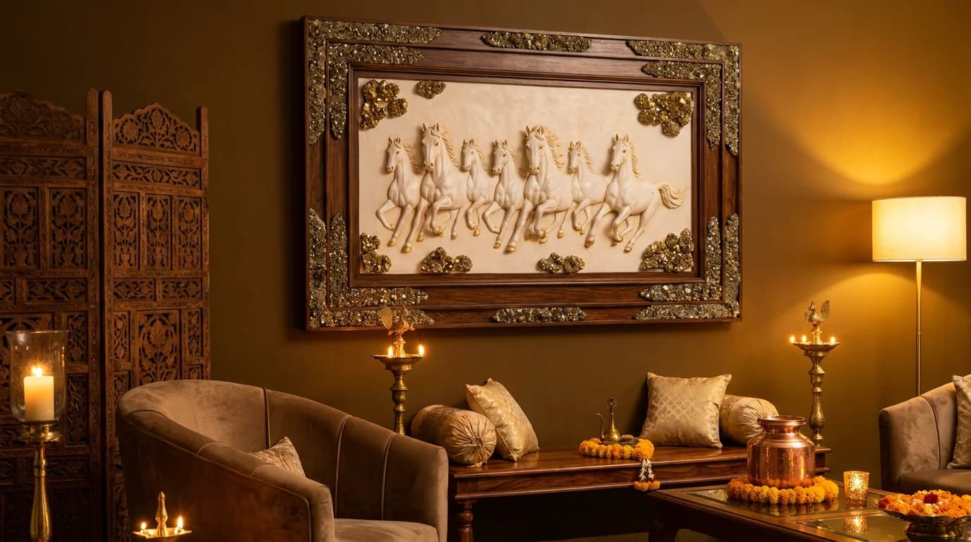 Genuine pyrite Vastu frame with 7 running horses on a North-facing living room wall