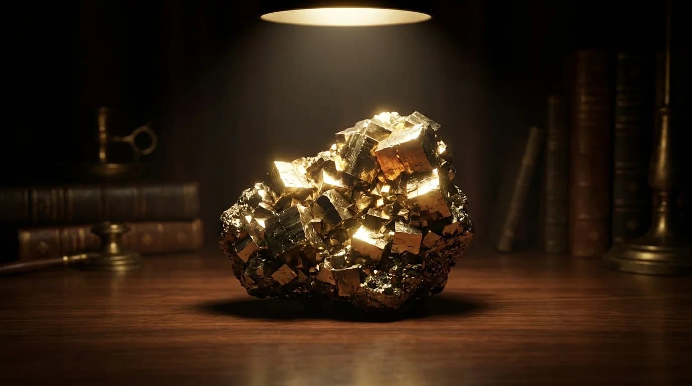 Raw pyrite cluster specimen showing cubic crystal formation and metallic gold lustre on a wooden surface