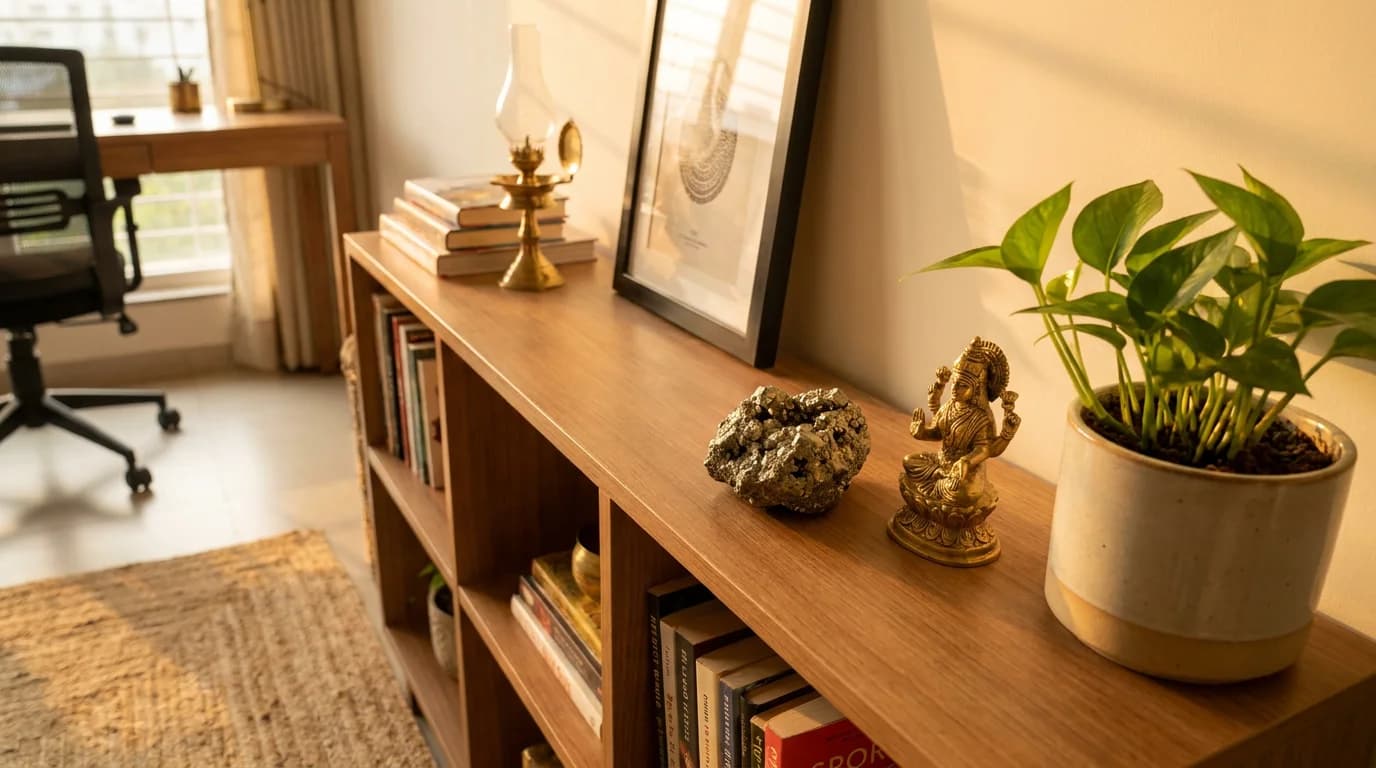 Raw pyrite cluster placed on the front-left corner of a wooden office desk in the North zone of a well-lit room