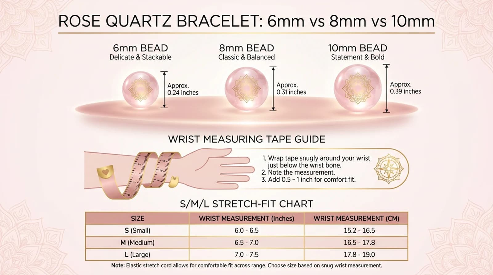 Pale, milky natural rose quartz bracelet shown in 6mm, 8mm and 10mm bead sizes for fit comparison