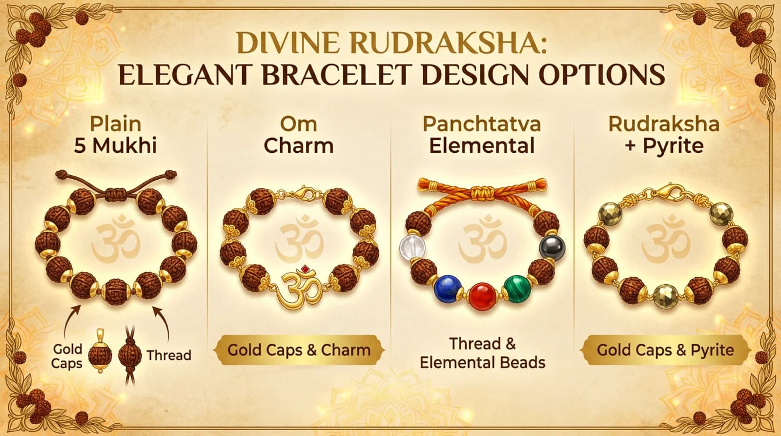 Gold-plated Om rudraksha bracelet and thread rudraksha bracelet with pyrite beads on natural Nepali 5 mukhi Rudraksha