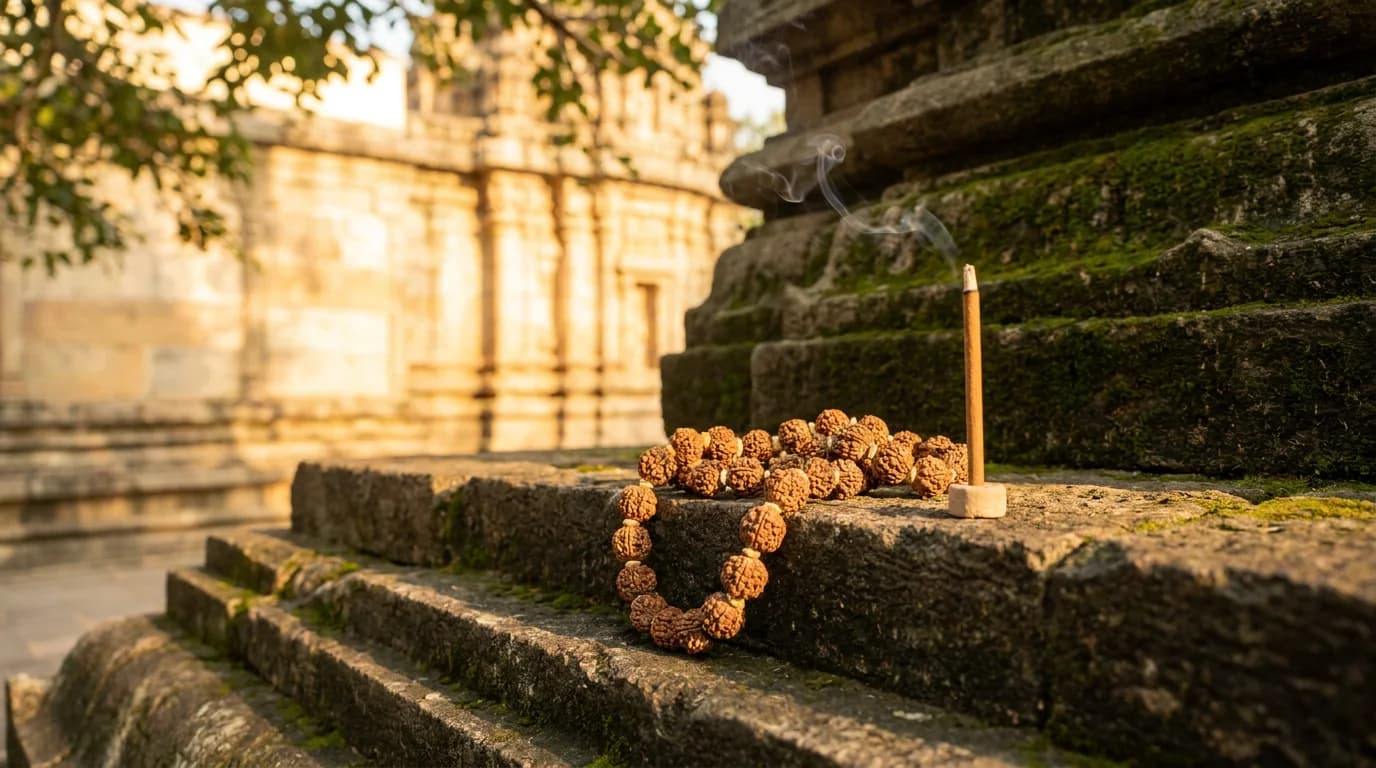 108-bead Panchmukhi Rudraksha Mala with Sumeru bead on red silk cloth