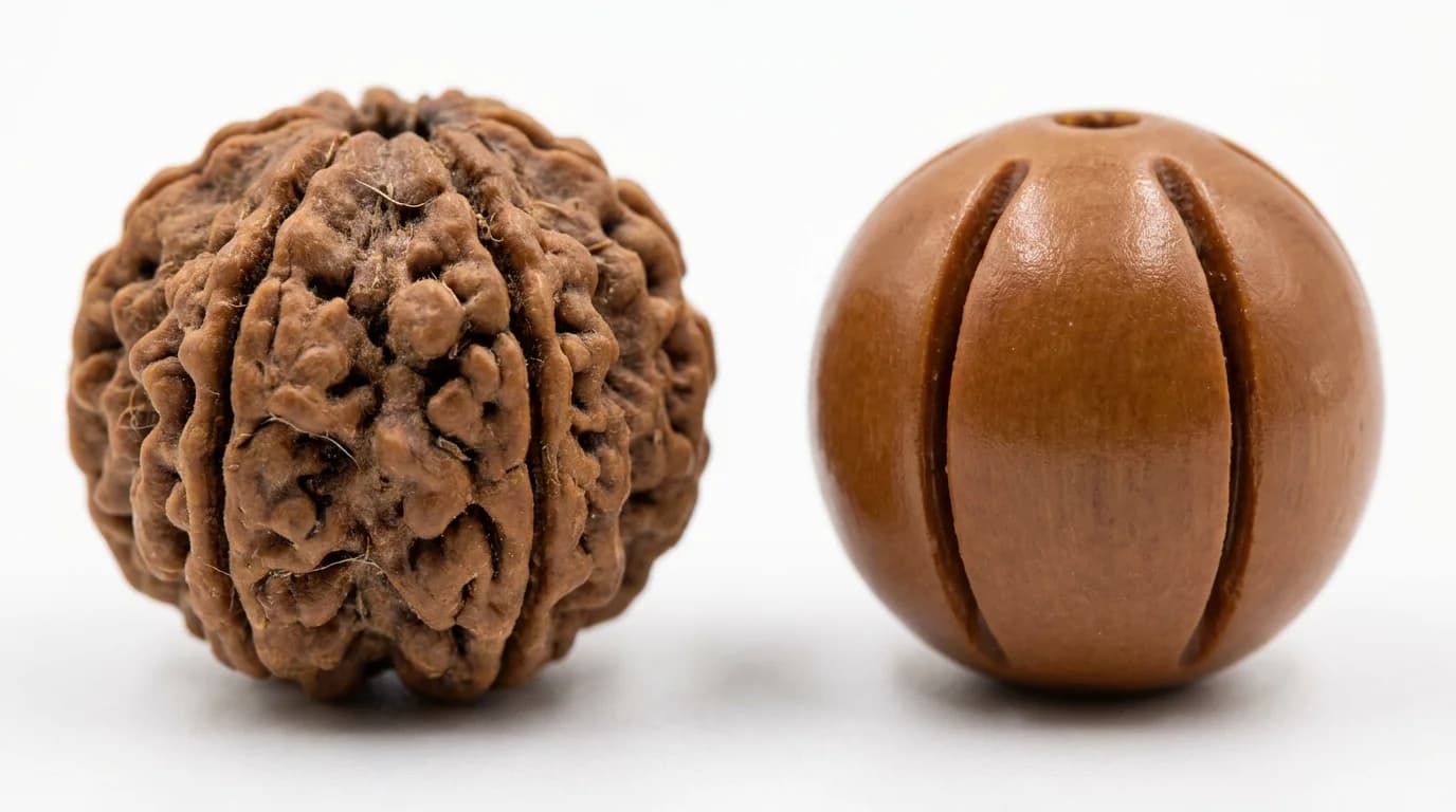 Genuine Nepali Panchmukhi rudraksha bead next to a fake carved wood bead, magnified to show mukhi differences