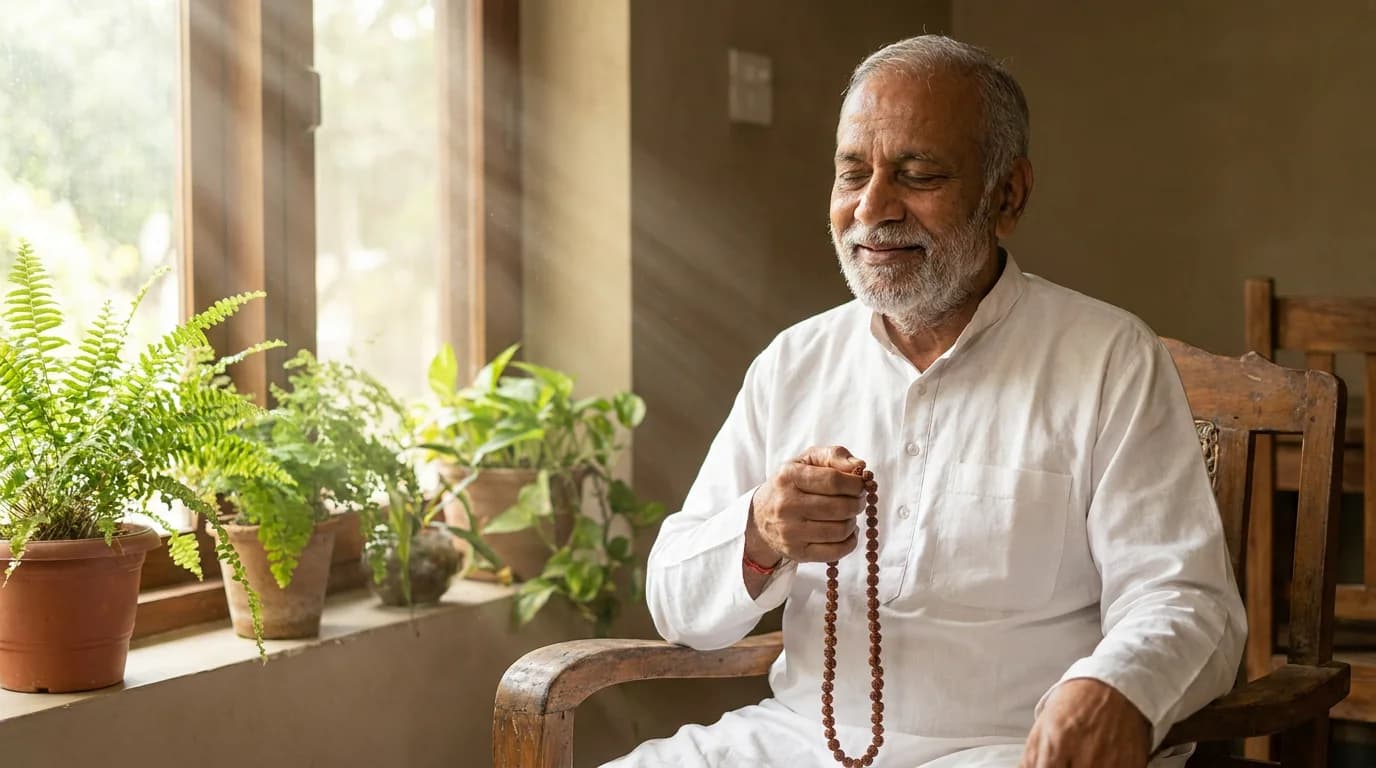 Family members of different ages holding Panchmukhi Rudraksha Mala beads — universal wearability