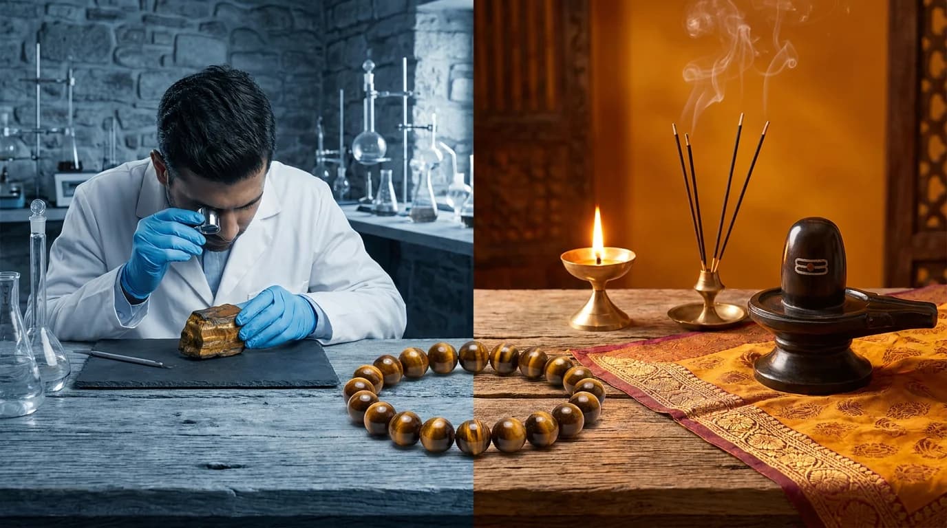 Close-up of a Tiger Eye Bracelet on a wrist beside a text overlay reading Science vs Tradition