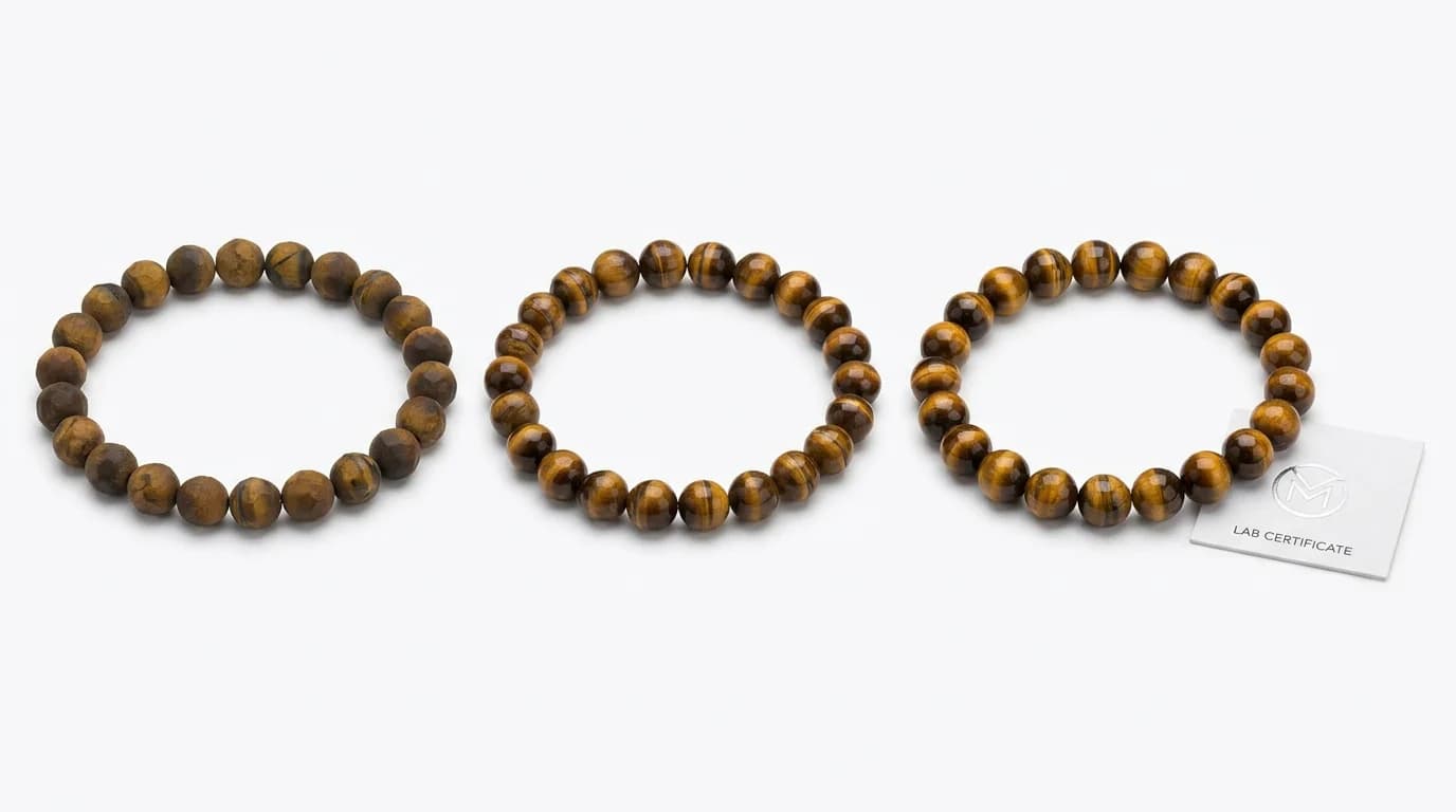 Tiger Eye Bracelet price comparison chart showing tiers from fake glass to certified genuine in India