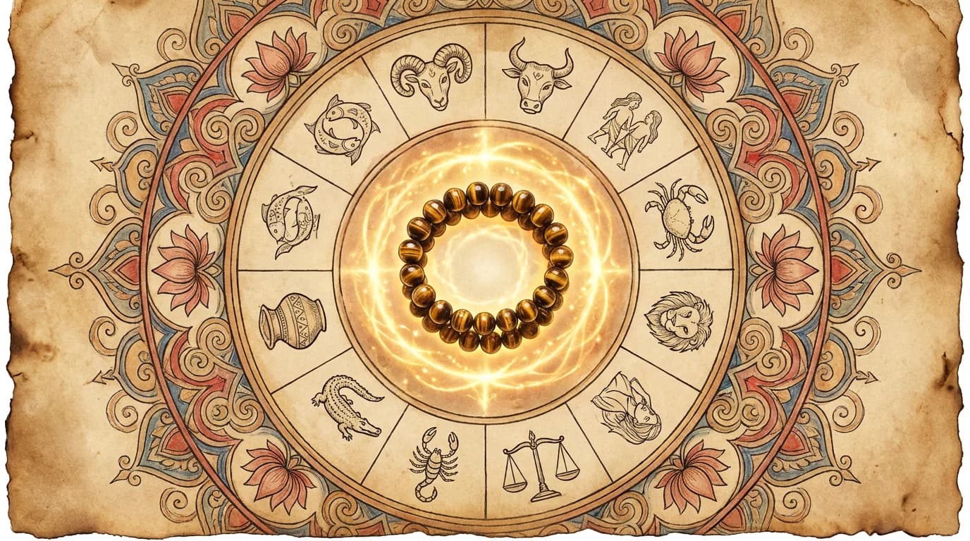 Tiger Eye Bracelet on a wrist alongside a Vedic birth chart showing rashi symbols