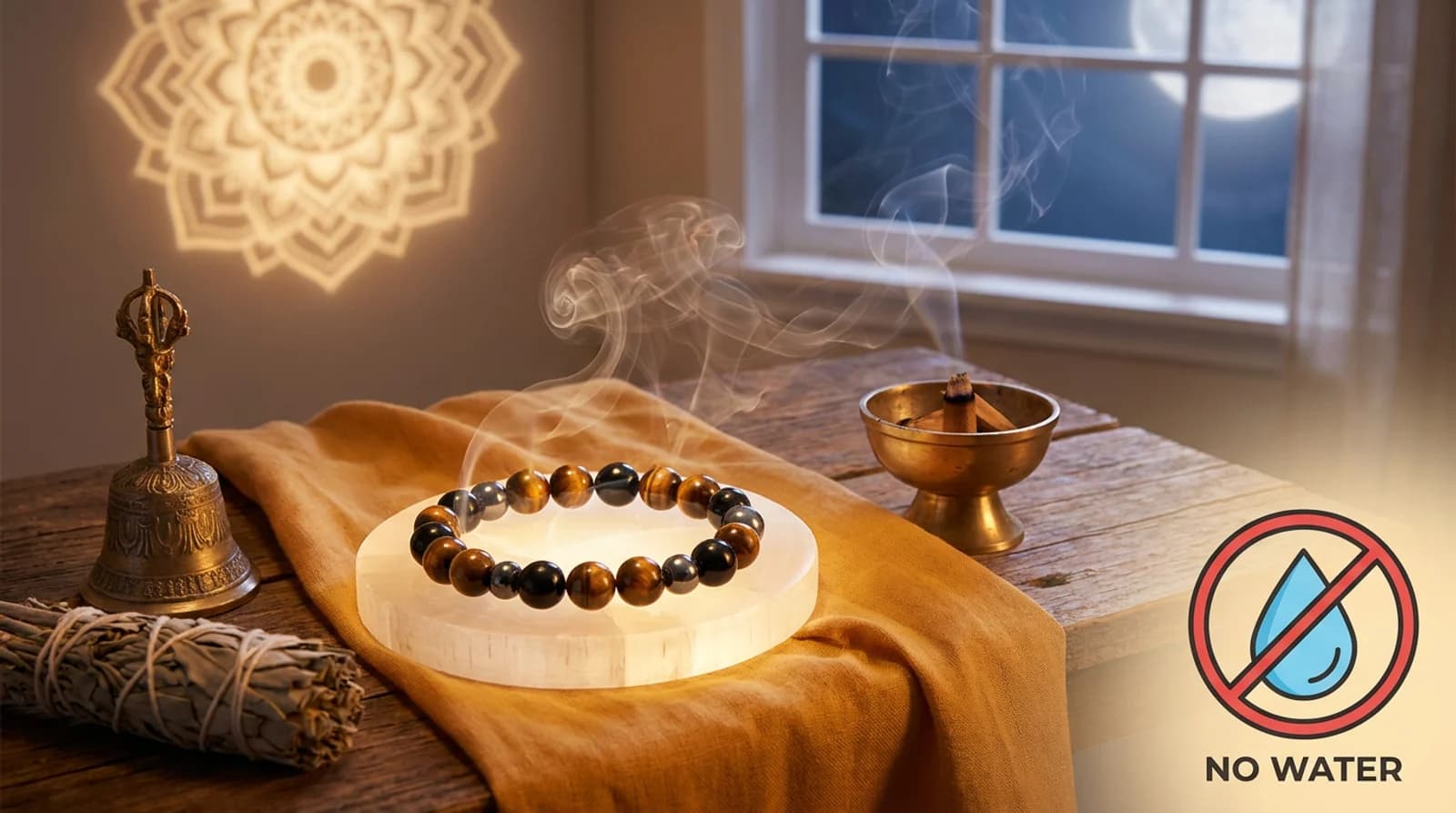 Certified triple protection bracelet with tiger eye, black tourmaline and hematite resting on a selenite plate under moonlight for dry cleansing