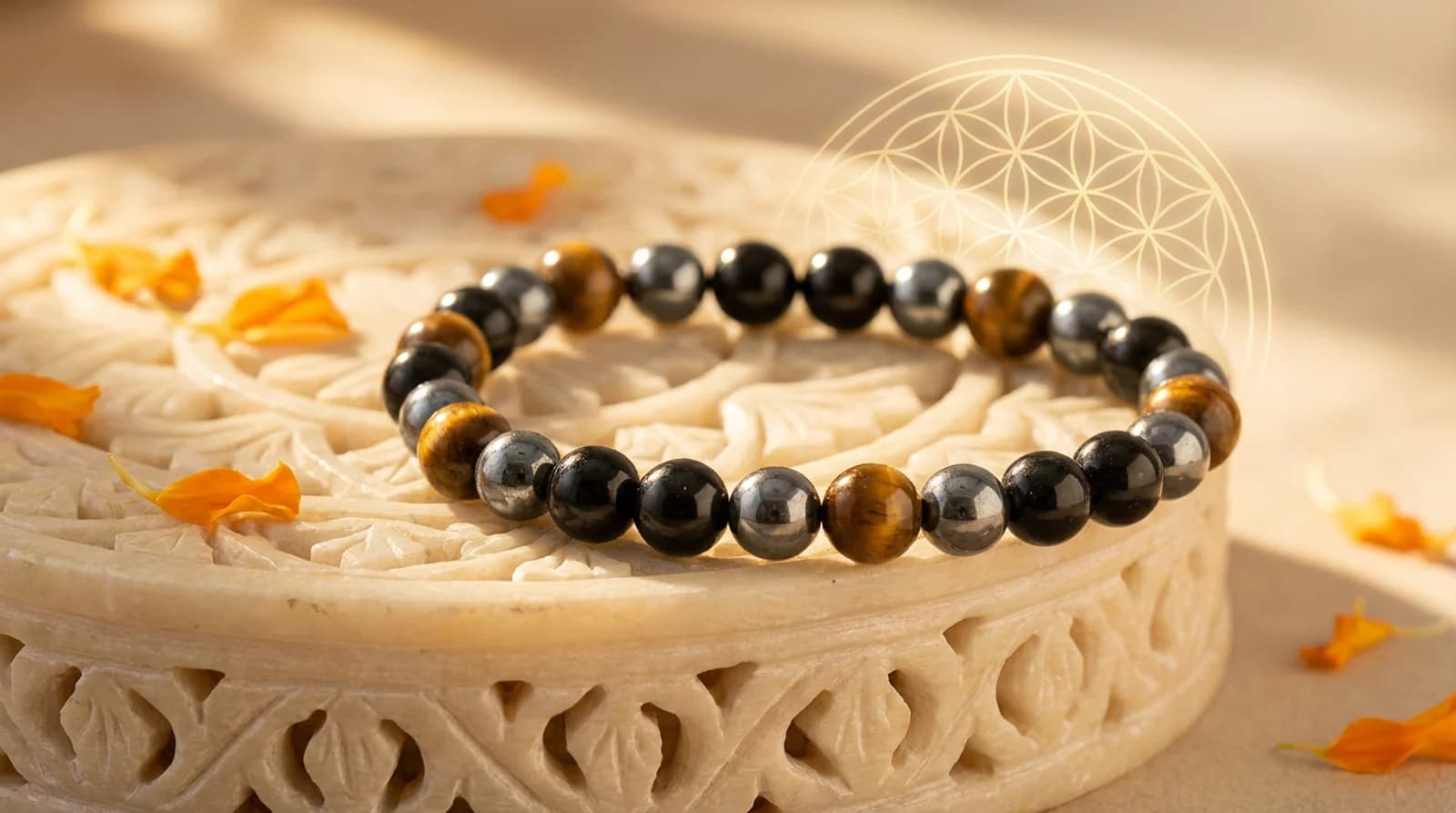 Certified triple protection bracelet with Tiger Eye, Black Tourmaline, Black Obsidian and Hematite beads, Jaipur-made