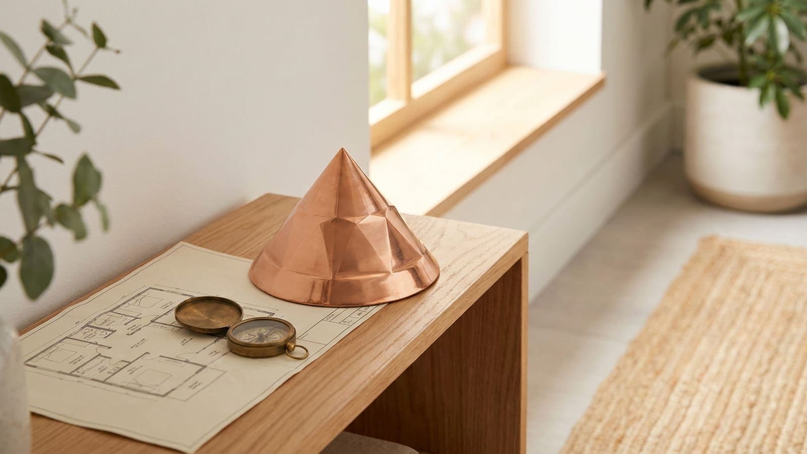 Copper Vastu pyramid on a wooden shelf beside a compass and floor plan, warm indoor daylight