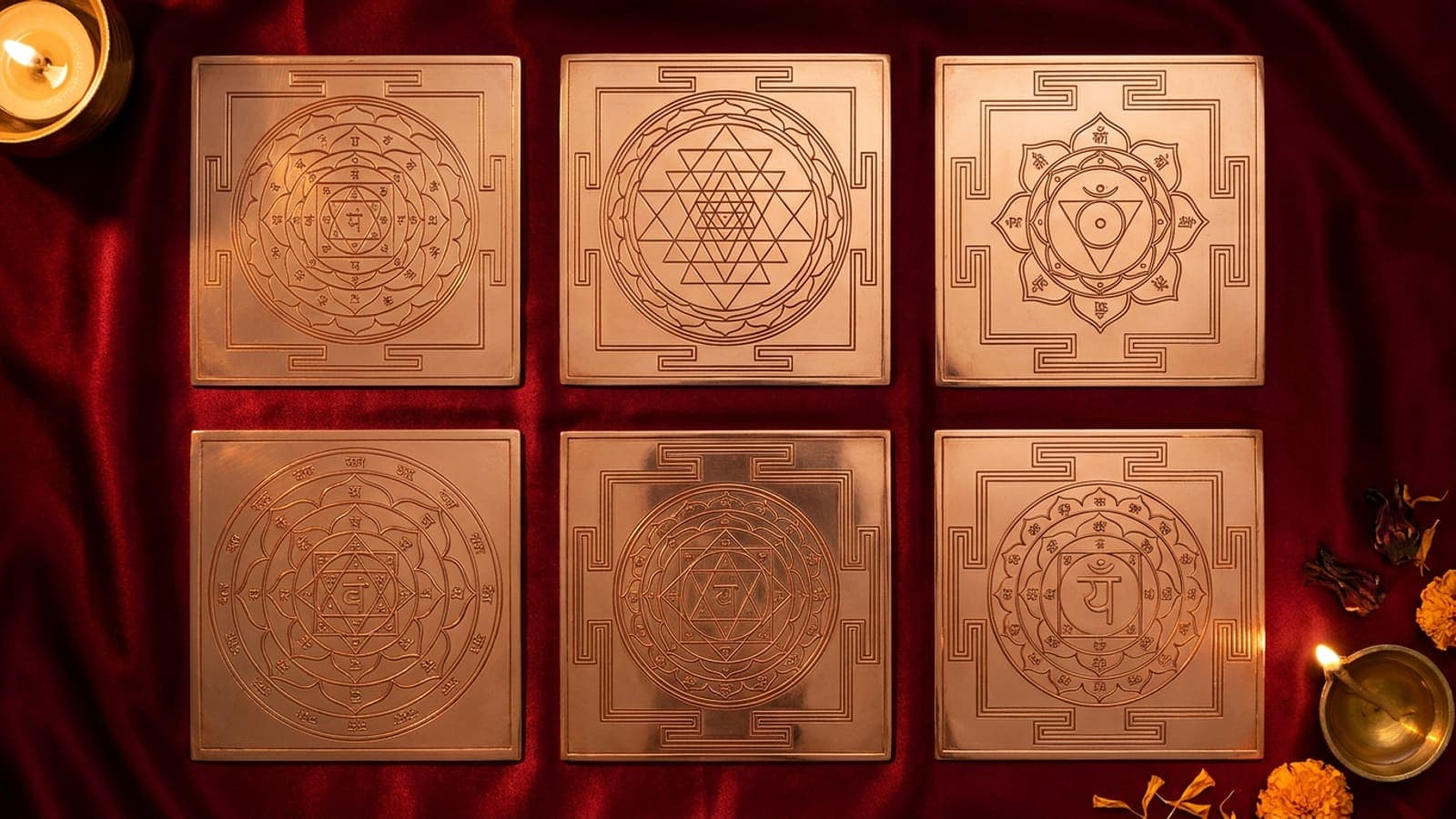Six copper engraved yantras — Shri, Kuber, Lakshmi, Gayatri, Navdurga and Sampoorna — arranged on red silk
