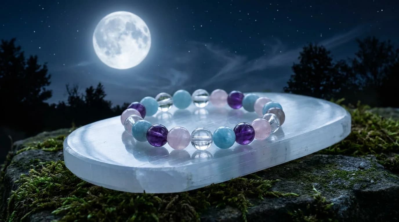 A zodiac bracelet resting on a selenite plate in moonlight, being charged on Purnima without water