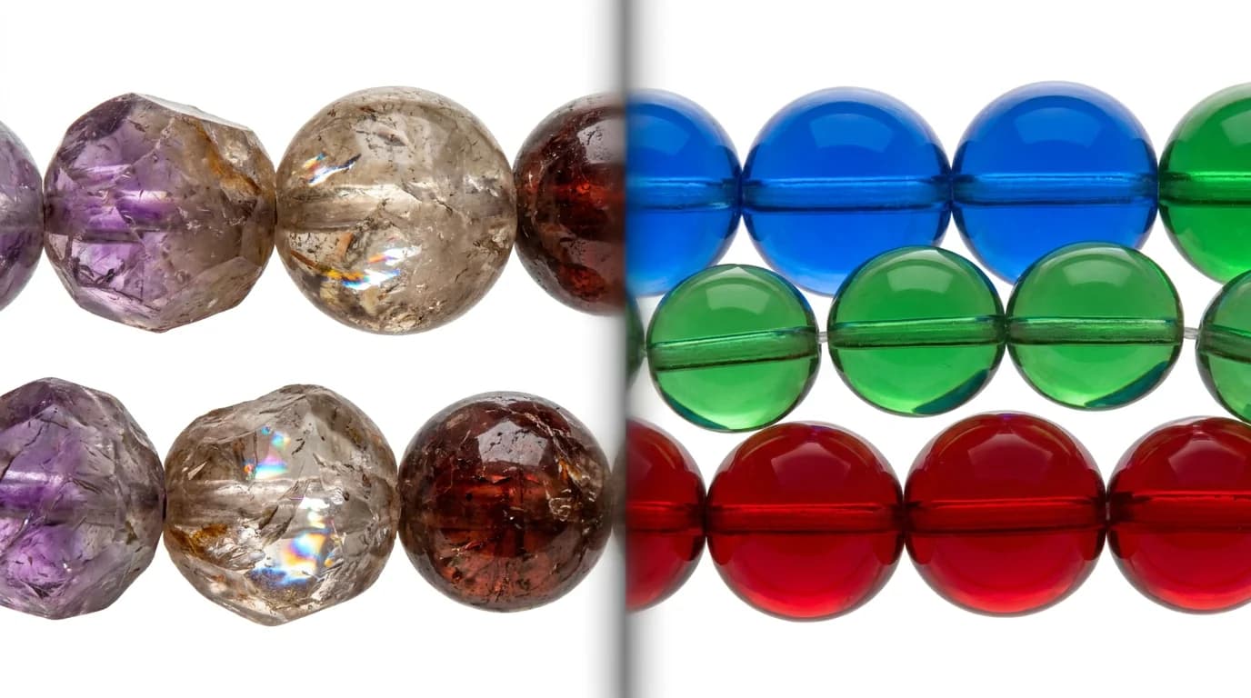 Genuine lab-certified zodiac bracelet beads beside a dyed fake, showing how to tell a real crystal bracelet from a fake