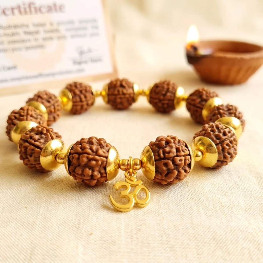Lab-Certified Rudraksha Bracelet - Natural 5 Mukhi Beads with Om / Panchtatva Elemental Design (Gold-Plated & Thread) | Jaipur-Made, COD