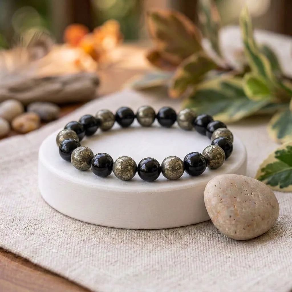 Pyrite & Black Obsidian Wealth Combo Bracelet with Selenite Charging Plate — Lab-Certified Natural Crystals, Jaipur (Unisex, 8mm)