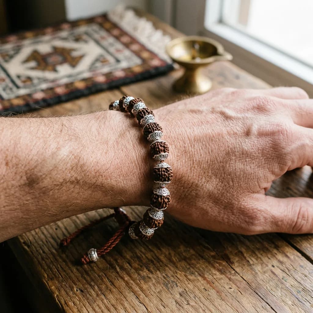Rudraksha Wrist Mala — 5 Mukhi 18-Bead Nepali, Silver Capped