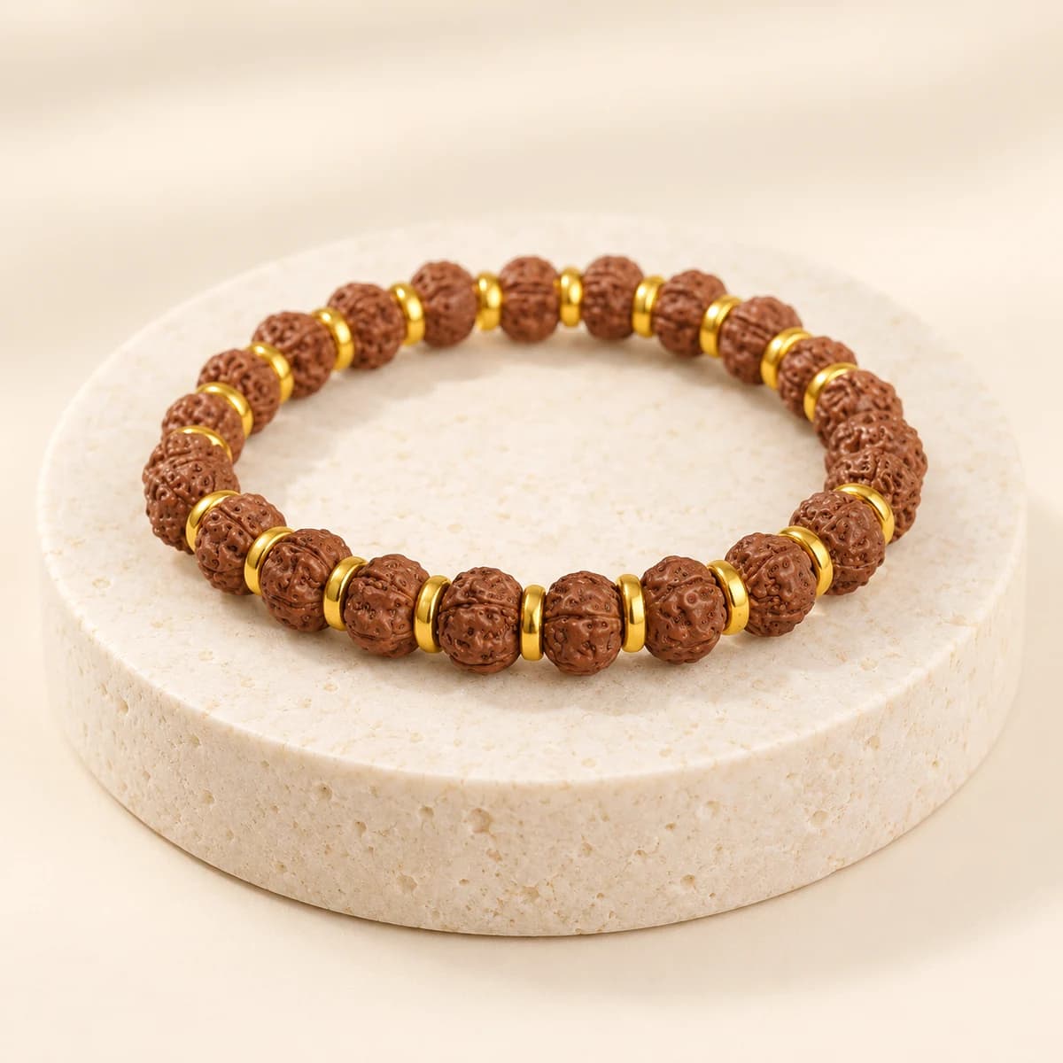 5 Mukhi Rudraksha Bracelet — Five-Ridged Beads with Gold Caps, Lab-Certified