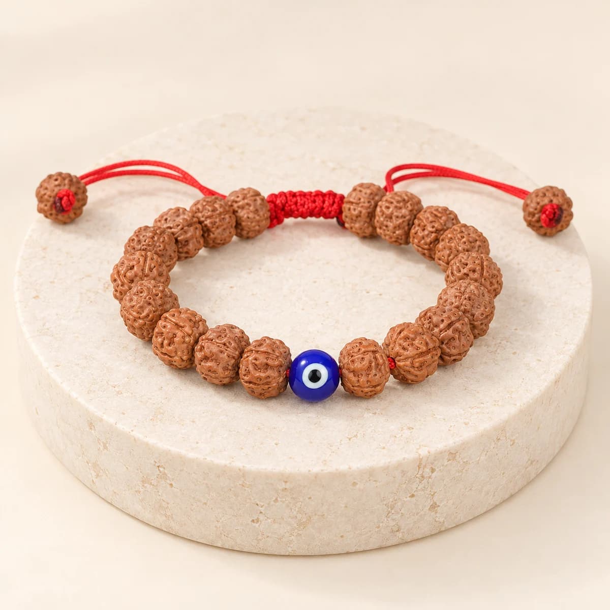 5 Mukhi Rudraksha & Evil Eye Bracelet — Adjustable Red Thread, Lab-Certified
