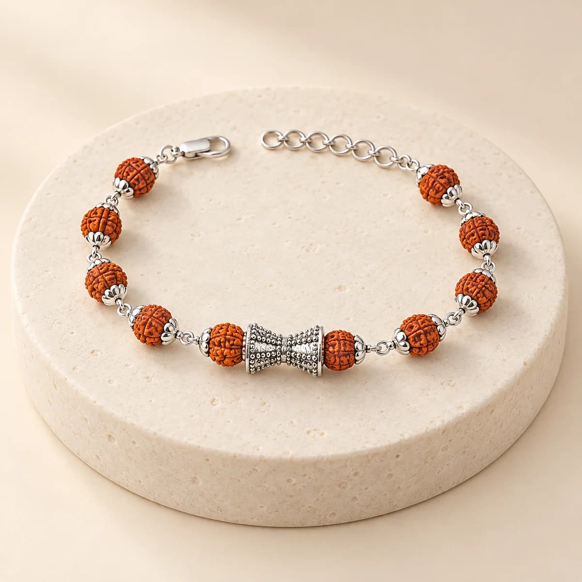 5 Mukhi Rudraksha Silver Damru Bracelet for Kids — Shiva Damru Motif, Lab-Certified