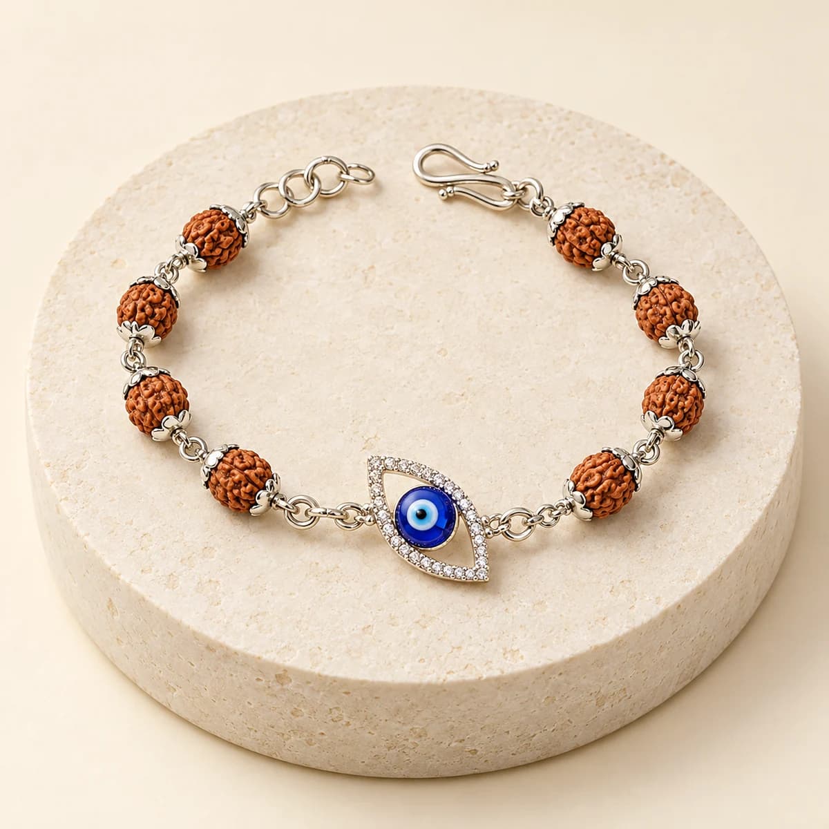 5 Mukhi Rudraksha Silver Evil Eye Bracelet for Kids — Protection Motif, Lab-Certified