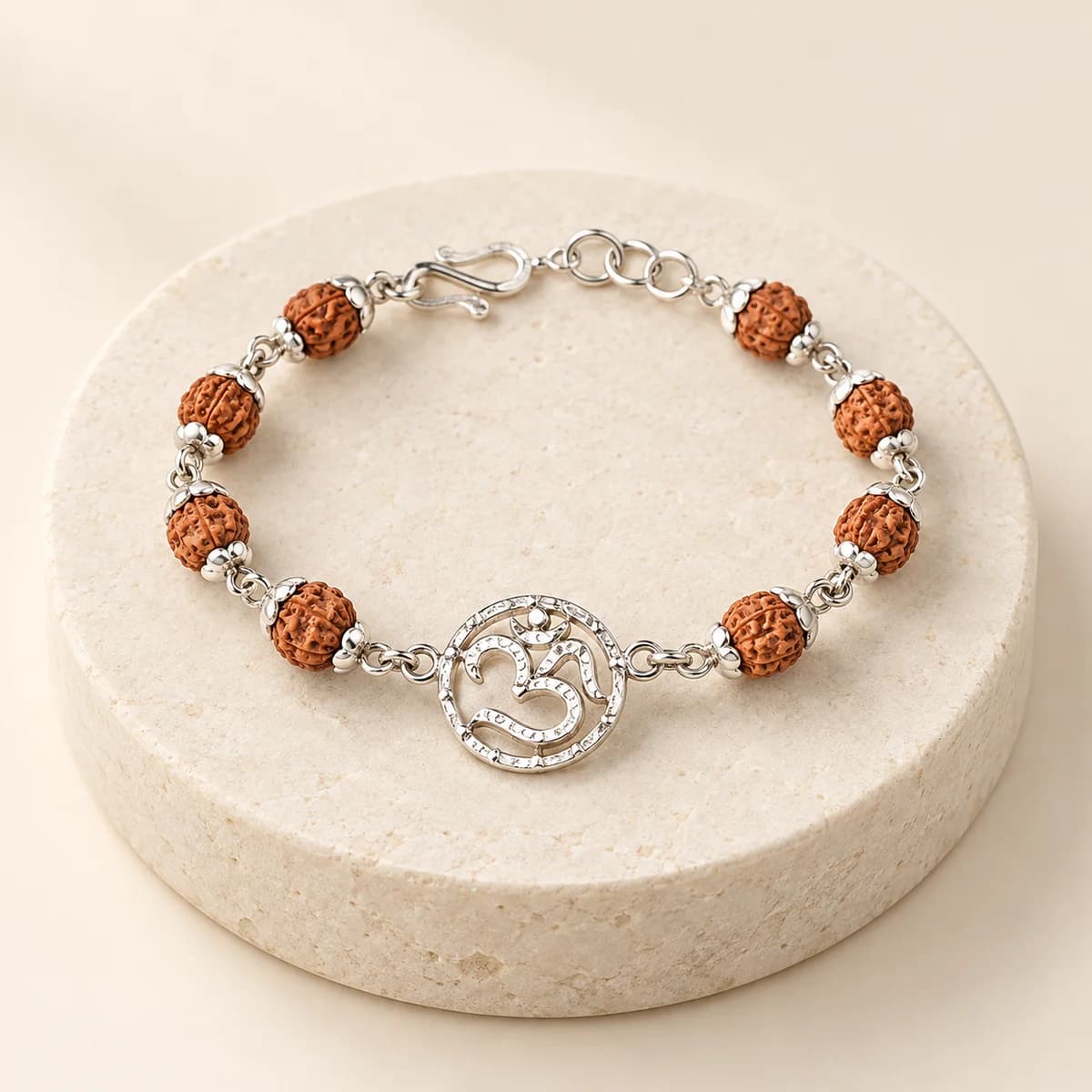 5 Mukhi Rudraksha Silver Om Bracelet for Kids — Sacred Om Motif, Lab-Certified