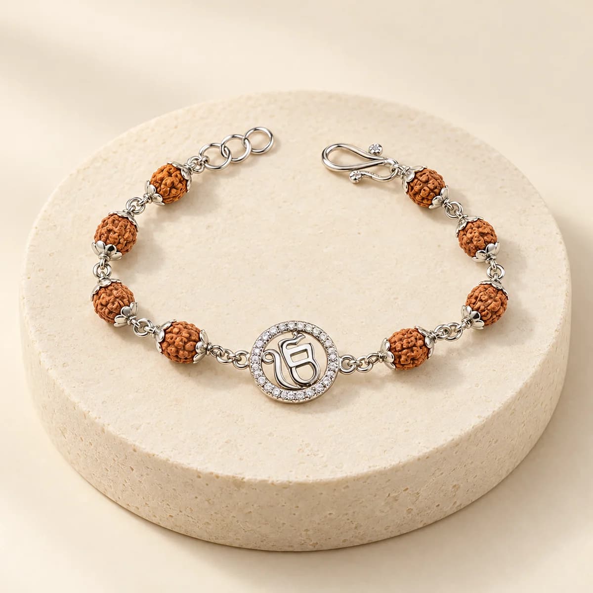 5 Mukhi Rudraksha Onkar Studded Bracelet for Kids — Silver Design, Lab-Certified