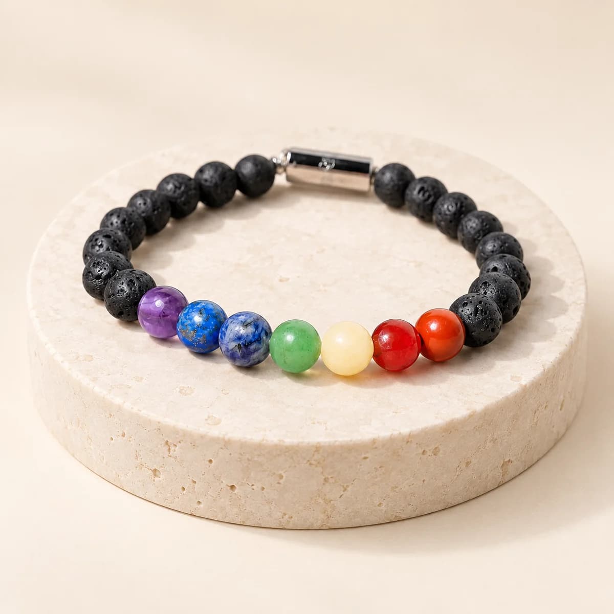 7 Chakra Lava Stone Bracelet — 8 mm Beads for Grounding, Lab-Certified